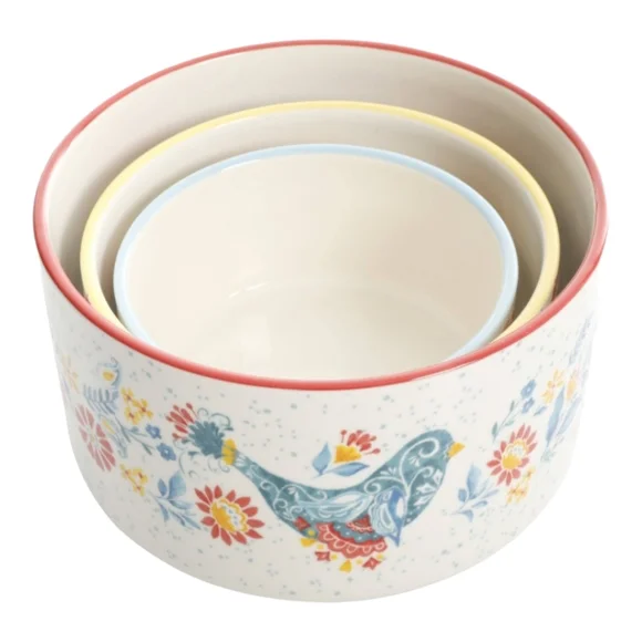 3 PIONEER WOMAN Floral Bird Round Stoneware Casserole Serving Bake Ware Bowls - Picture 2 of 11